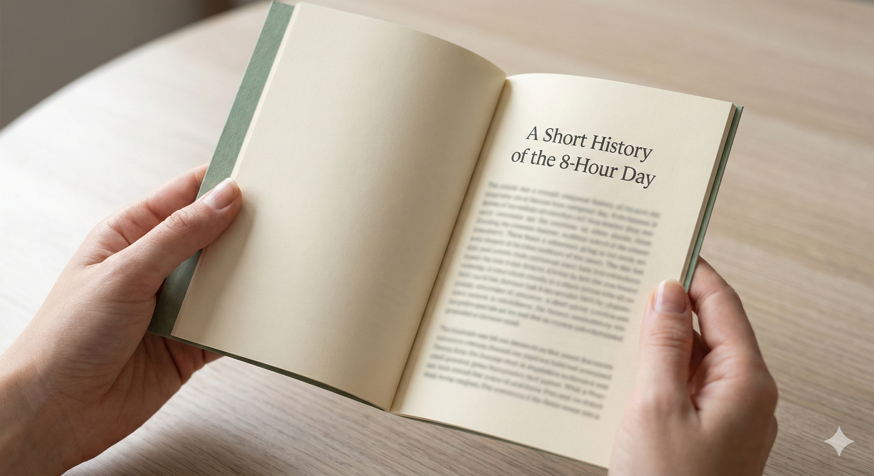 Hands holding open the Eight-Hour Day zine, showing a page about the history of the 8-hour workday