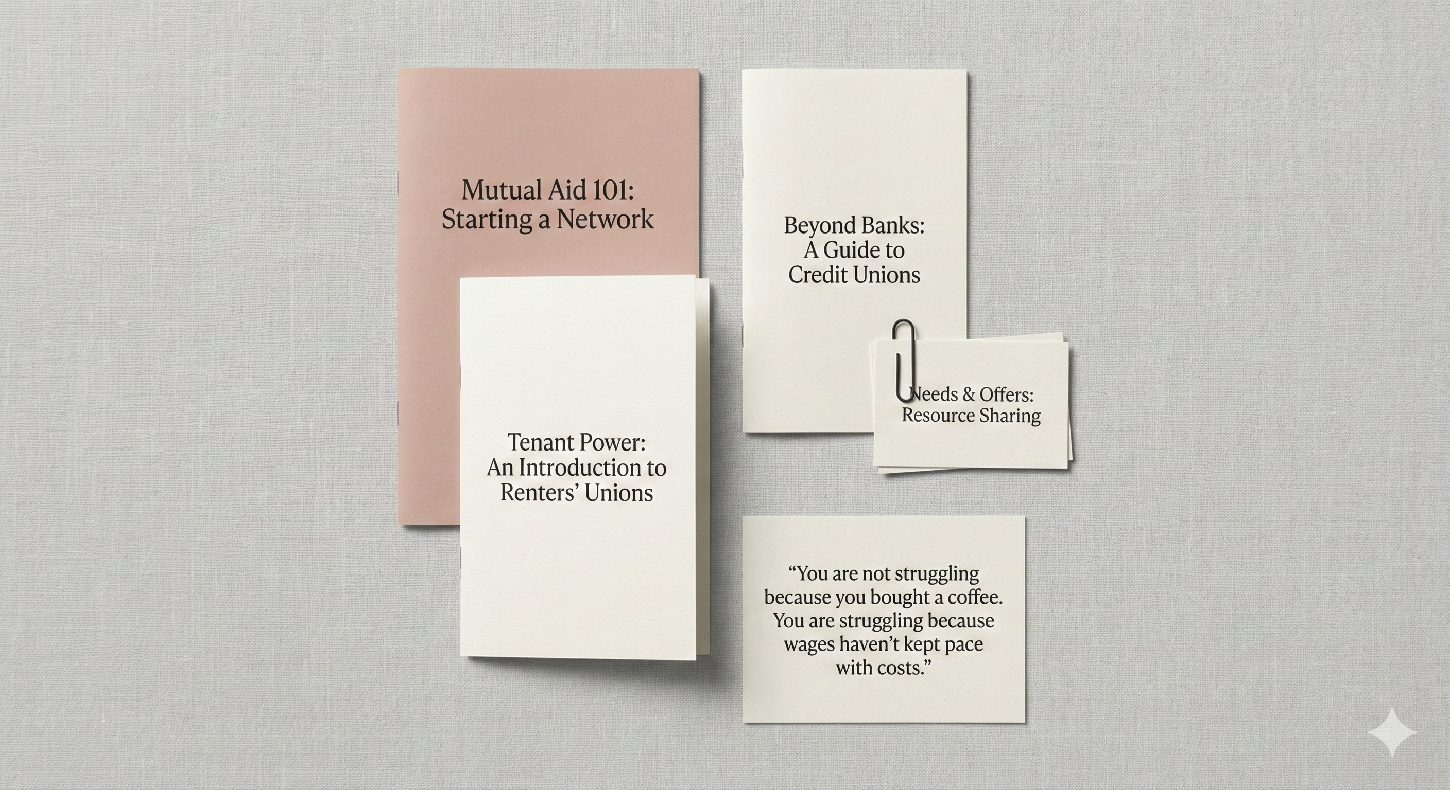 Flat-lay of the Financial Wellness Kit contents: mutual aid guides, tenant resources, and sharing cards on a linen background