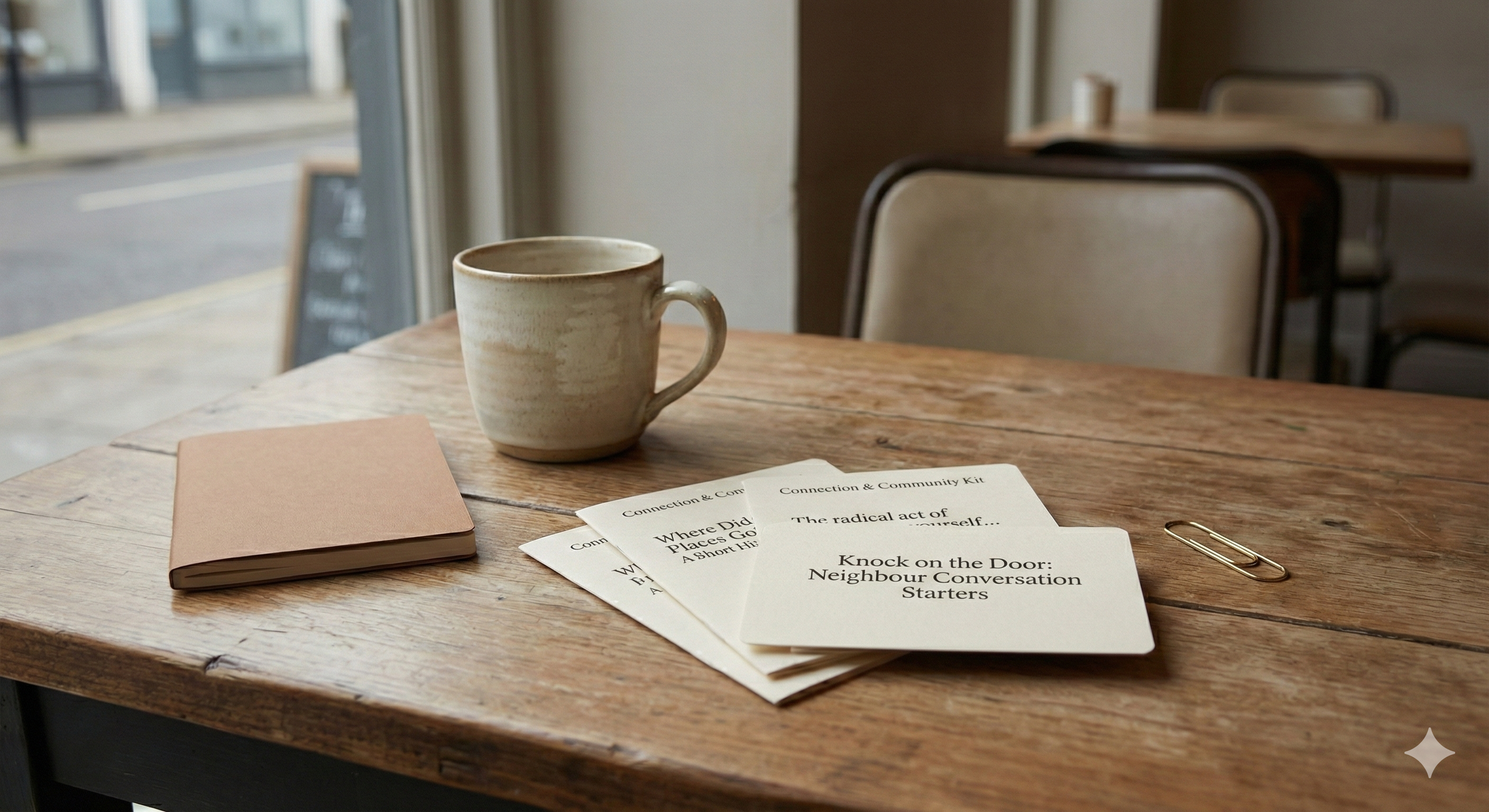 Neighbour Conversation Starters prompt cards fanned out on a cafe table beside a ceramic mug and notebook