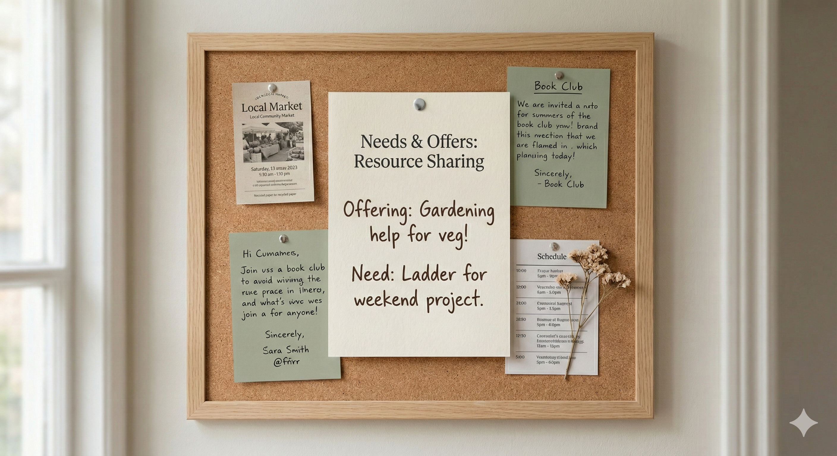 A Needs & Offers card pinned to a community notice board with handwritten text