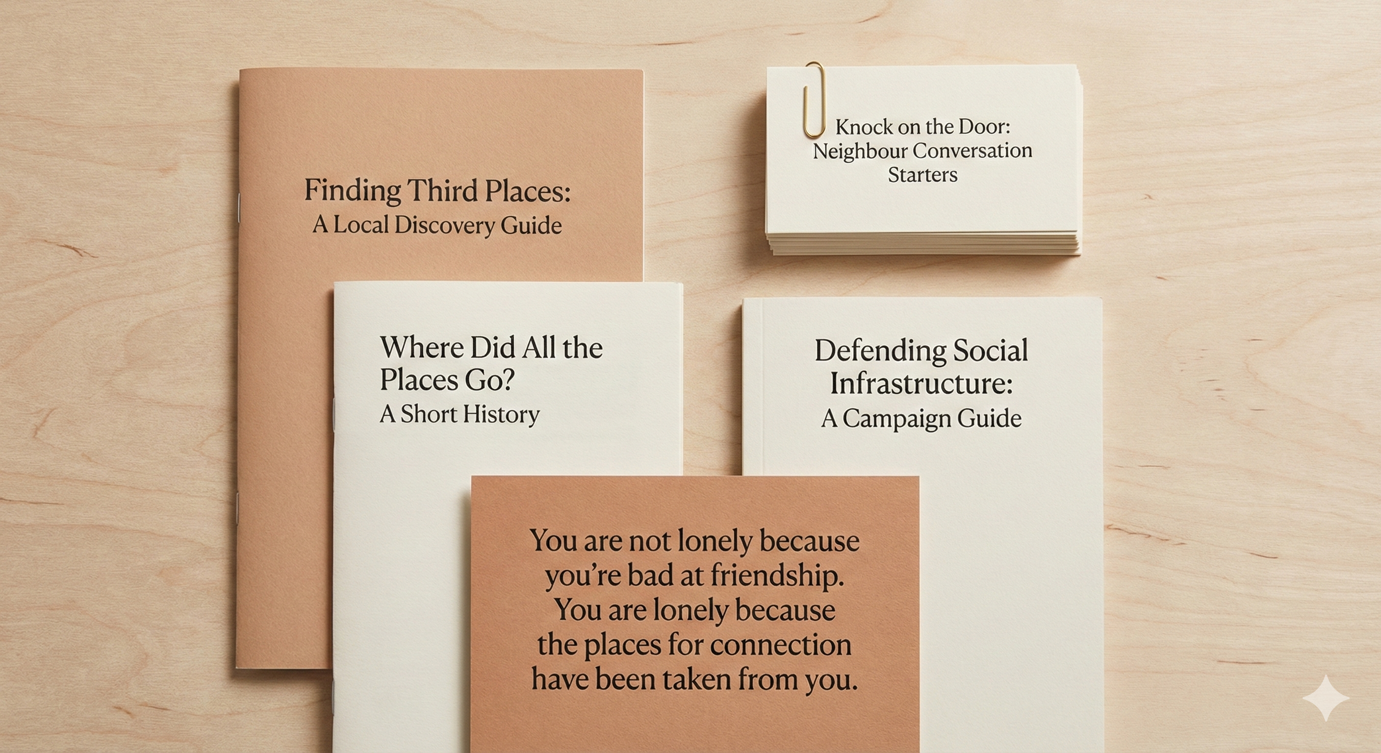 Flat-lay of the Connection & Community Kit contents: third places guide, neighbour conversation cards, and campaign toolkit on wood