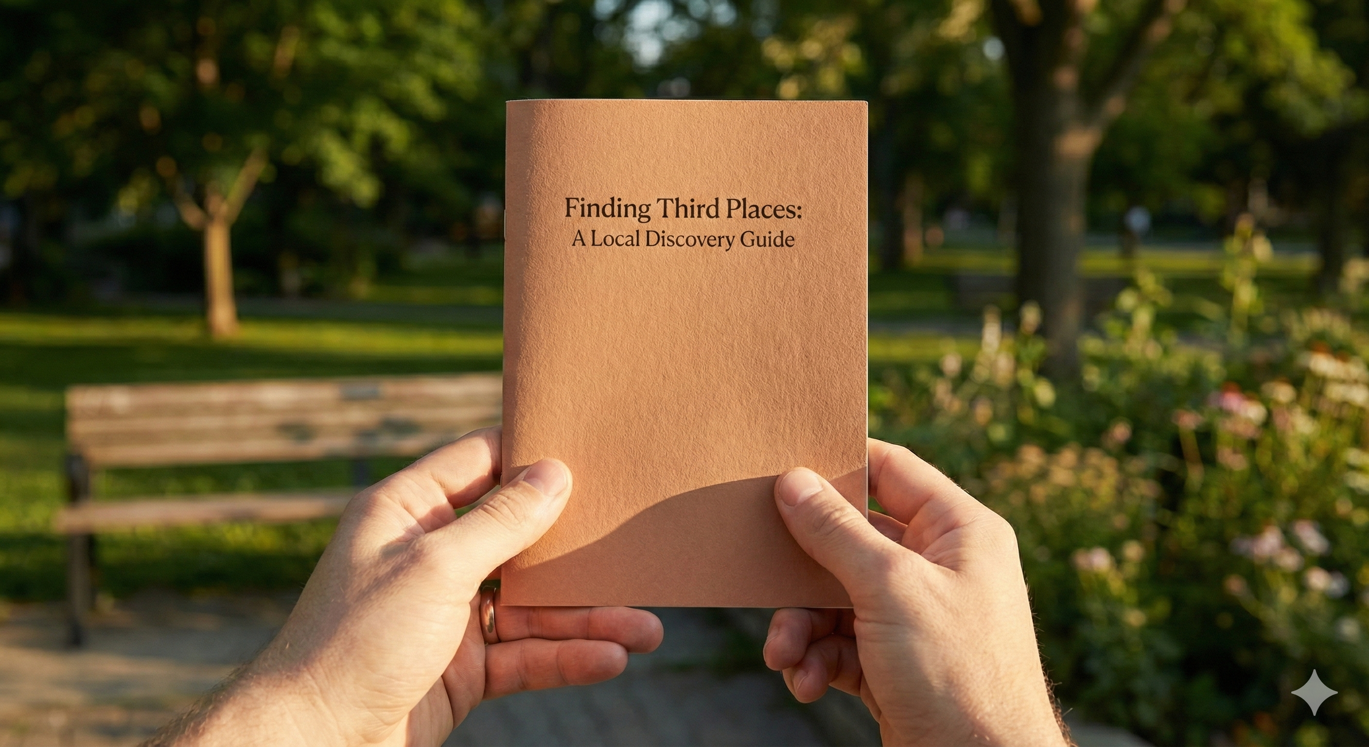 Hands holding the Finding Third Places guide from the Connection & Community Kit in warm afternoon light