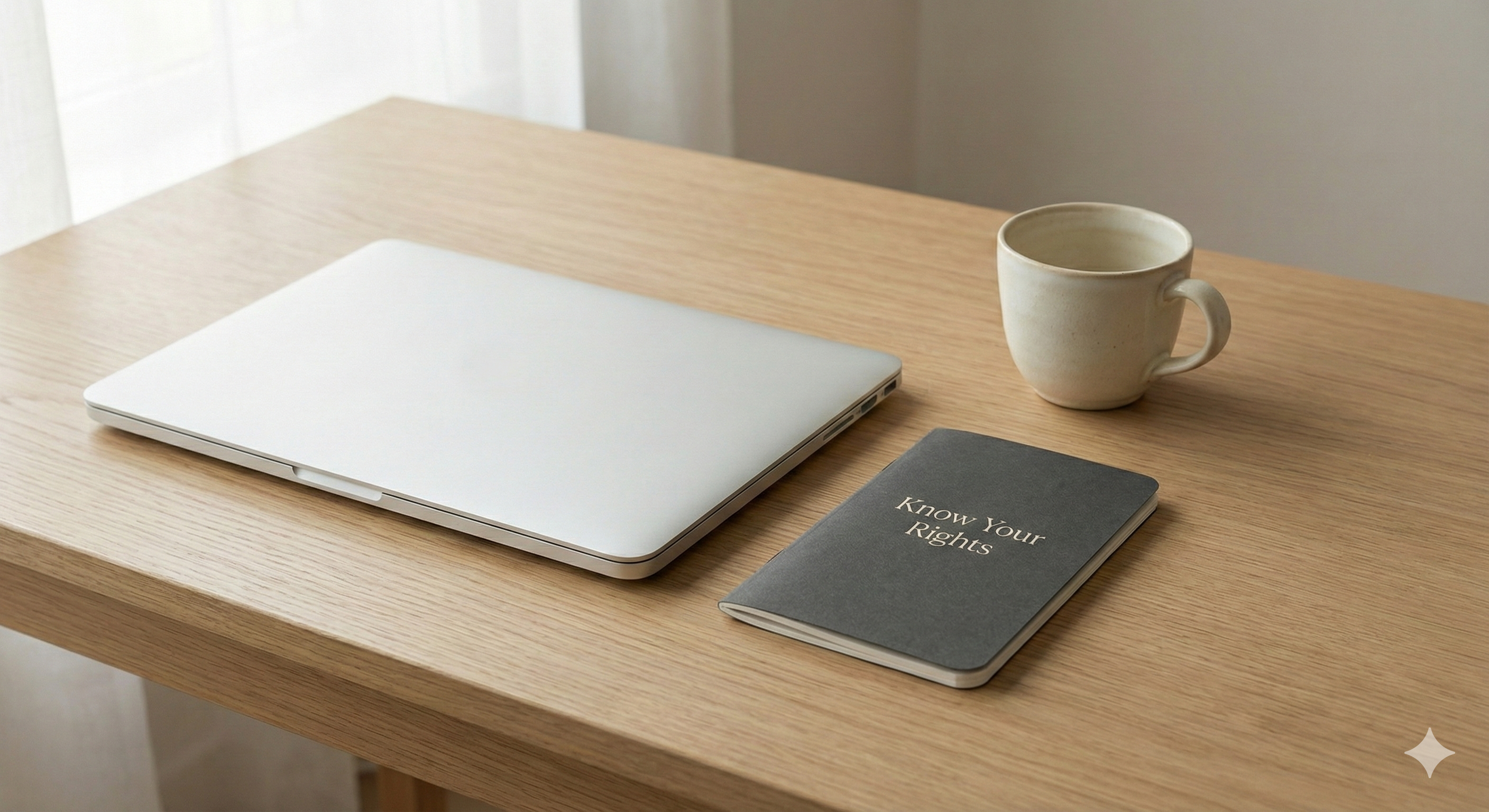 The Know Your Rights pocket guide placed beside a closed laptop on a minimalist desk in soft morning light